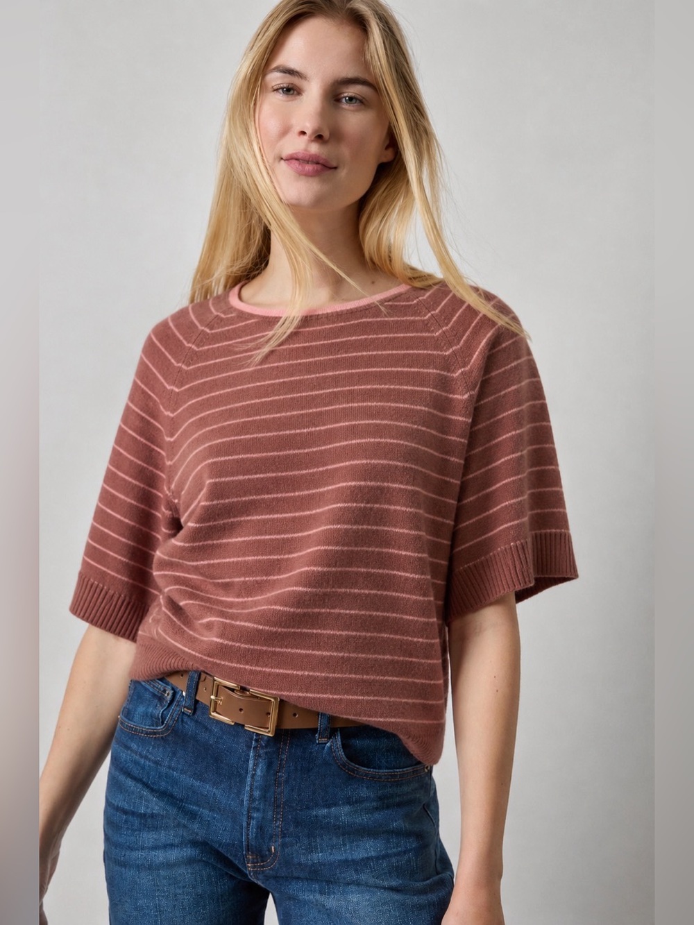Lilla P NWT 100% Cashmere Striped Short Sleeve Sweater Pink Brown Size M